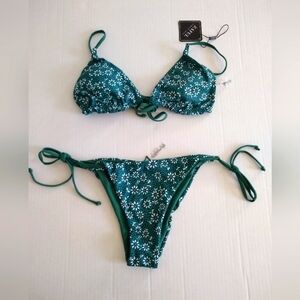 Zaful Teal Green with White Daisies Floral Print 2pc Swimsuit String Bikini Sz L